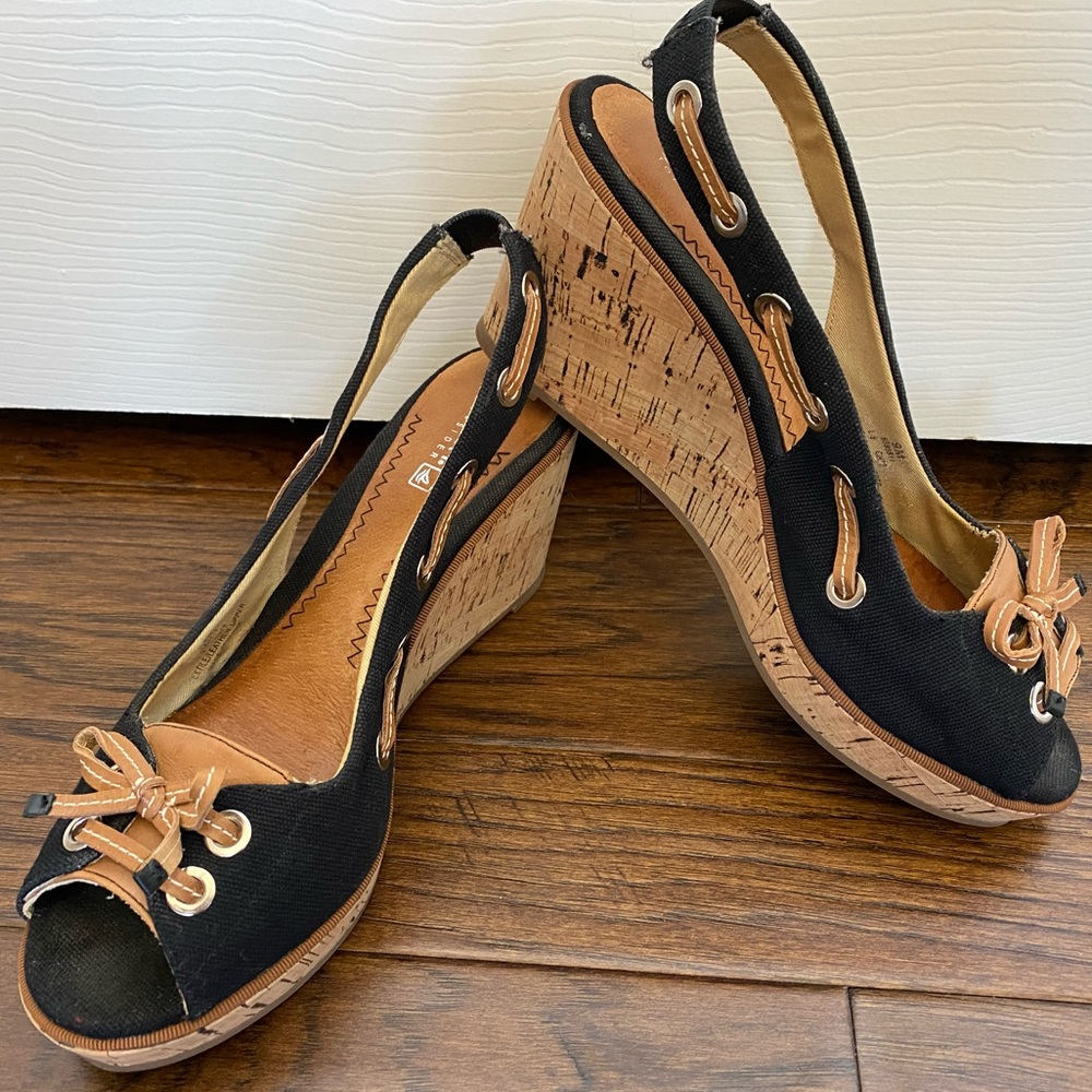 Sperry Wedge Espadrille black leather nautical 9